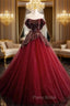 A-Line Off Shoulder Tulle Sequin Burgundy Long Formal Prom Dresses, Burgundy Evening Dresses