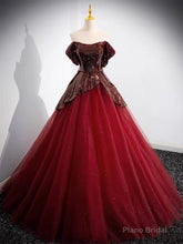 A-Line Off Shoulder Tulle Sequin Burgundy Long Prom Dress, Burgundy Evening Dress