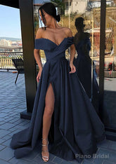 A-line Off-the-Shoulder Cap Straps Sweep Train Satin Prom Dresses With Pleated Split