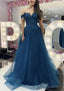 A-line Off-the-Shoulder Regular Straps Long/Floor-Length Tulle Prom Dresses With Appliqued Glitter