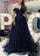 A-line Off-the-Shoulder Regular Straps Long/Floor-Length Tulle Prom Dresses With Appliqued Glitter