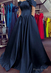 A-line Off-the-Shoulder Strapless Long/Floor-Length Satin Prom Dresses With Pleated Pockets