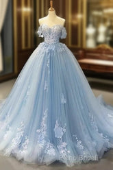 A-Line Off-The-Shoulder Sweetheart Sweep Train Tulle Formal Prom Dresses, Sky Blue Applique Wedding Dresses