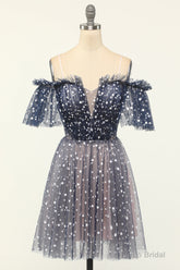 A-line Off-the-shoulder Tulle Short/Mini Short Prom Dresses With Ruffles