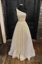 A-line One-Shoulder Sleeveless Long/Floor-Length Sequined Prom Dresses With Pockets