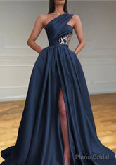 A-line One-Shoulder Sleeveless Sweep Train Satin Prom Dresses With Split Pleated
