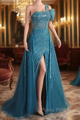A-Line One Shoulder Tulle Beaded Long Formal Prom Dresses Elegant Evening Gown