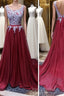 A Line Open Back Lace Burgundy Formal Prom Dresses, Burgundy Formal Dresses