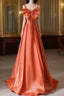 A-Line Orange Satin Long Formal Prom Dresses, Orange Long Evening Dresses
