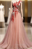 A Line Pink One Shoulder Tulle Red Applique Long Formal Prom Dresses Evening Dresses