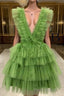 A Line Pink V Neck Tiered Homecoming Dresses,Tulle Short Formal Prom Party Dresses