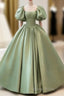 A-Line Princess Green Satin Puffy Sleeves Long Formal Dresses Satin Formal Prom Dresses Party Dresses