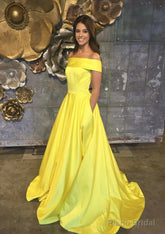 A-line/Princess Off-the-Shoulder Sleeveless Sweep Train Satin Prom Dresses With Low Back
