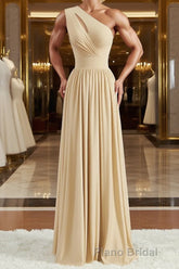 A-Line/Princess One-Shoulder Floor-Length Jersey Bridesmaid Dresses with Leg Slit