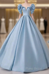 A-Line Princess Satin Blue Long Formal Prom Dresses Quinceanera Dresses Elegant Formal Dresses