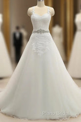 A-Line/Princess Spaghetti Straps Sleeveless Applique With Belt Tulle Floor-Length Wedding Dresses