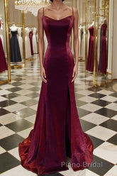 A-Line/Princess Spaghetti Straps Sweep Train Velvet Formal Prom Dresses With Leg Slit