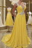 A-Line/Princess Straps Sweep Train Chiffon Formal Prom Dresses With Beading