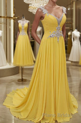 A-Line/Princess Straps Sweep Train Chiffon Formal Prom Dresses With Beading
