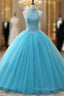 A-Line/Princess Tulle Appliques Lace Formal Prom Dresses With Beading