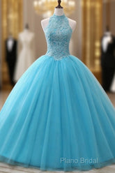 A-Line/Princess Tulle Appliques Lace Formal Prom Dresses With Beading