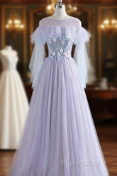 A-Line/Princess Tulle Jewel Floor-Length Formal Prom Dresses With Beaded Lace Appliques