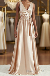A-Line/Princess V-neck Floor-Length Silk like Satin Bridesmaid Dresses with Belt/Sash