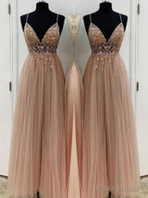 A-Line/Princess V-neck Floor-Length Tulle Prom Dresses With Beading
