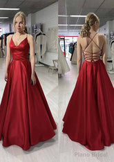 A-line/Princess V Neck Sleeveless Satin Long/Floor-Length Prom Dresses