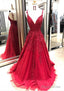 A-line/Princess V Neck Sleeveless Sweep Train Tulle Prom Dresses With Appliqued