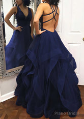 A-line Princess V Neck Sleeveless Tulle Long/Floor-Length Prom Dresses With Pleated