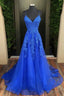 A-Line/Princess V-neck Sweep Train Tulle Evening Dresses With Appliques Lace