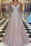 A-Line/Princess V-neck Sweep Train Tulle Formal Prom Dresses With Appliques Lace