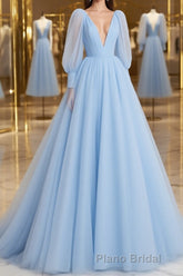 A-Line/Princess V-neck Sweep Train Tulle Formal Prom Dresses With Ruffles