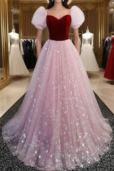 A-Line Formal Prom Dresses Princess Dresses Formal Prom Floor Length Short Sleeve Sweetheart Tulle With Sequin