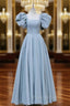A-Line Puff sleeves Long Blue Formal Prom Dresses, Square Neckline Blue Long Formal Dresses