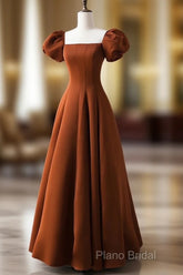 A-Line Puff Sleeves Satin Long Formal Prom Dresses, Long Formal Dresses