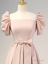 A-Line Puff Sleeves Satin Pink Long Prom Dress, Pink Long Bridesmaid Dress