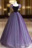 A-Line Puff Sleeves Tulle Velvet Purple Long Formal Prom Dresses, Purple Long Formal Dresses