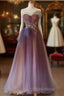 A-Line Purple Gradient Tulle Beaded Long Party Dresses, Purple Tulle Formal Prom Dresses