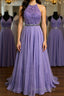 A Line Purple Lace Long Formal Prom Dress with Belt, Purple Lace Formal Dress, Purple Evening Dress, Bridesmaid Dress