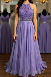 A Line Purple Lace Long Formal Prom Dress with Belt, Purple Lace Formal Dress, Purple Evening Dress, Bridesmaid Dress