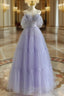 A-Line Purple Tulle Purple Long Formal Prom Dresses, Purple Long Formal Dresses