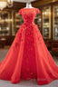 A-Line Red Tulle Appliques Cap Sleeve Formal Prom Dresses With Removable Train
