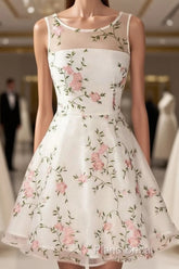 A Line Round Neck Short Lace Floral Formal Prom Dresses, Short Lace Floral Formal Homecoming Dresses