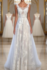 A Line Round Neck Sleeveless Lace Formal Prom Dresses, Lace Formal Dresses