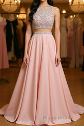A Line Round Neck Two Pieces Beaded Pink Formal Prom Dresses, Two Pieces Pink Formal Dresses, Pink Evening Dresses