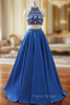 A-Line Royal Blue Satin Two Piece Halter Backless Formal Prom Dresses With Crystal