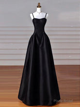 A-Line  Satin Black Long Prom Dress, Black Long Evening Dress