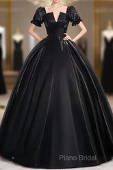 A-Line Satin Black Long Formal Prom Dresses Quinceanera Dresses Short Sleeves Formal Dresses